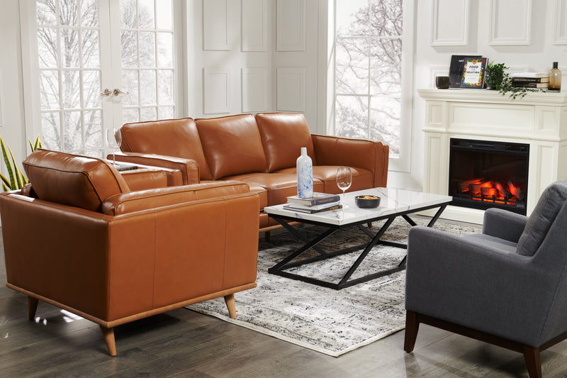 Vivia 40\" Genuine Leather Chair with Removable Seat Cushion and Wood Base - Caramel Brown