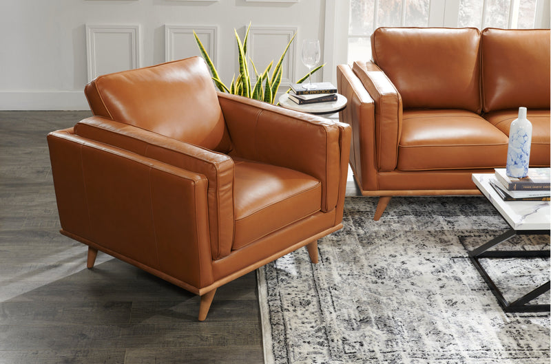 Vivia 40\" Genuine Leather Chair with Removable Seat Cushion and Wood Base - Caramel Brown