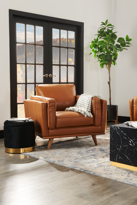 Vivia 40\" Genuine Leather Chair with Removable Seat Cushion and Wood Base - Caramel Brown