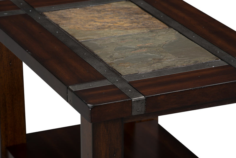 Roanoke 16\" Rustic Chairside Table with Shelf - Dark Cherry Wood and Slate Inlay