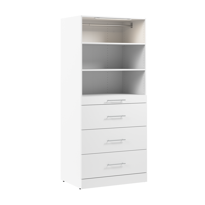 Bestar Florence 36\" Modular Reach-In/Walk-In Closet System Tower with LED Light, Shelves and 4 Drawers Slab Style - White