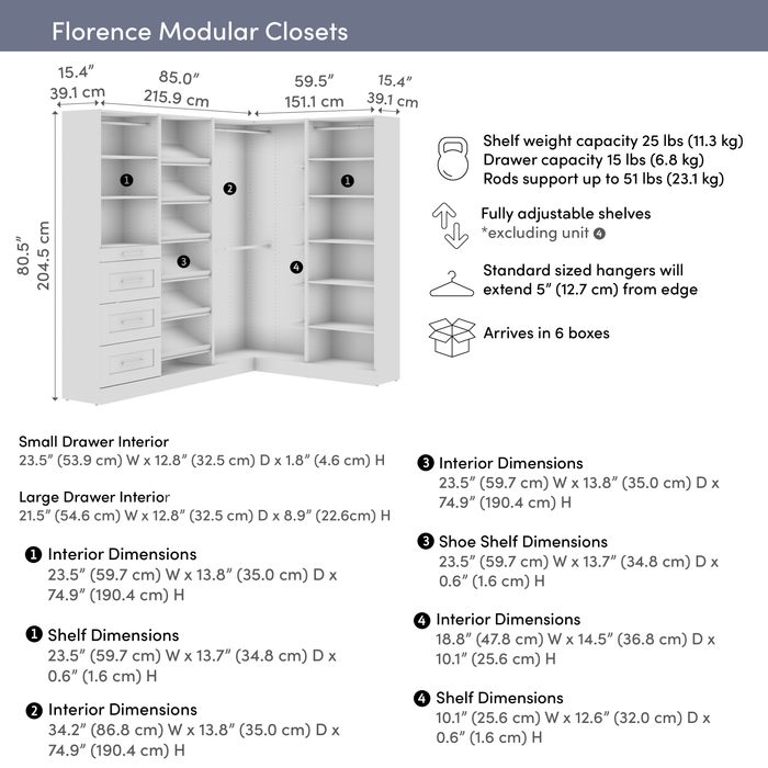Bestar Florence 85\" Modular L-Shaped Walk-In Closet System with Rods, Shoe Shelves and Storage - White