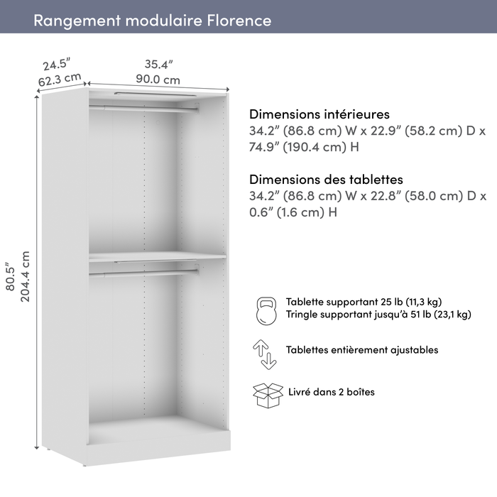 Bestar Florence 35\" Modular Double Hanging Closet System with LED Light - White