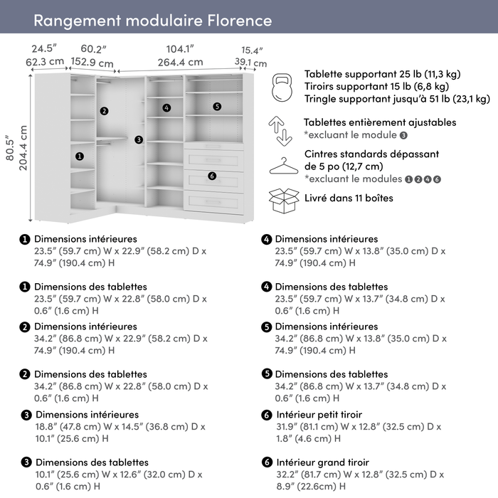 Bestar Florence 105\" Modular L-Shaped Walk-In Closet System with LED Lights, Rods, Shelves and Drawers Shaker Style - White