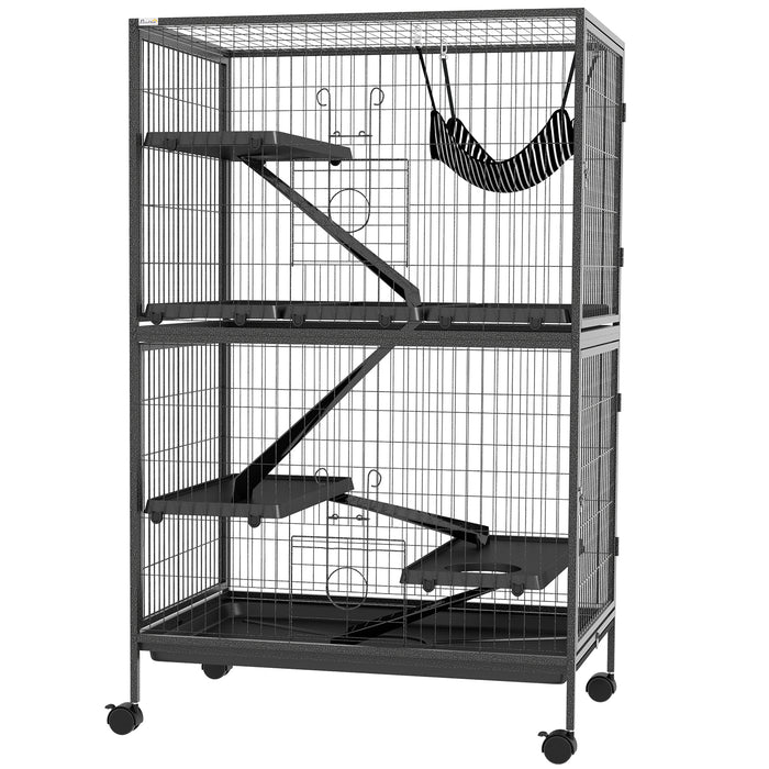 Pawhut 5-tier Rolling Small Animal Cage, Deluxe Guinea Pig Cage, Ferret Cage For Mink Chinchilla Kitten Rabbit, Small Pet Play House With Hammock Platform, Ramp, Tray, Dark Grey