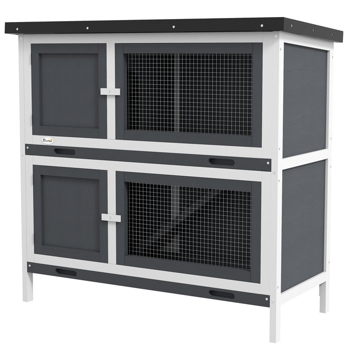 Pawhut Rabbit Hutch, Wooden 2 Tier Bunny Guinea Pig Cage With Openable Top, Slide-out Tray, Ramp, Asphalt Roof, For 2 Rabbits Outdoor Backyard Use, Grey