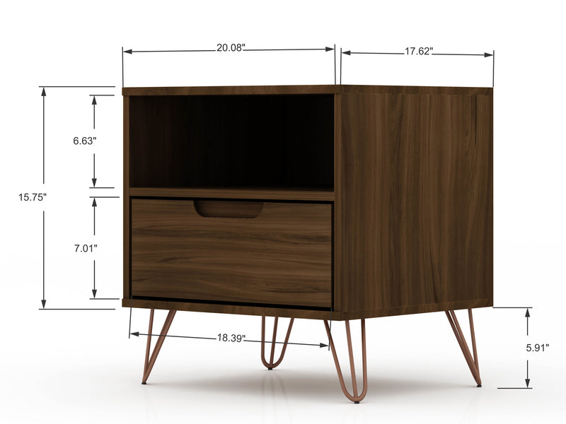 Manhattan Comfort Rockefeller Mid-Century Modern Nightstand with Drawer - Brown