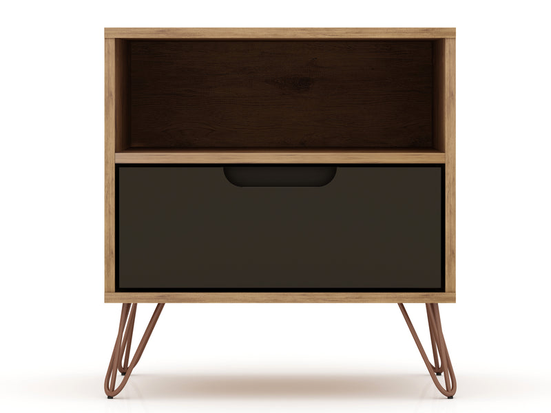 Manhattan Comfort Rockefeller Mid-Century Modern Nightstand with Drawer - Natural & Textured Grey