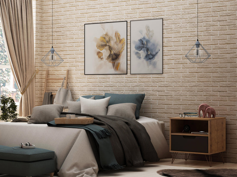 Manhattan Comfort Rockefeller Mid-Century Modern Nightstand with Drawer - Natural & Textured Grey