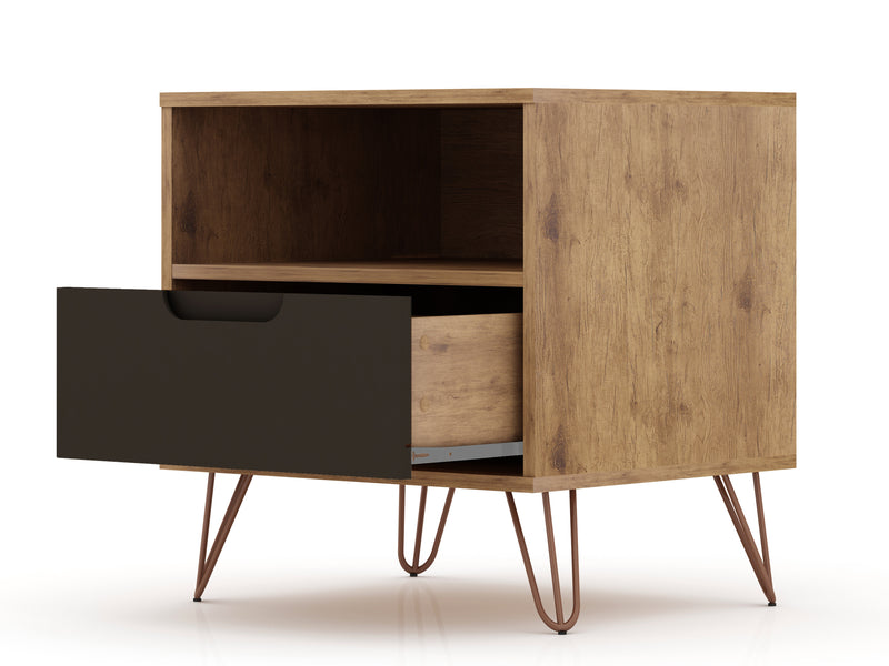 Manhattan Comfort Rockefeller Mid-Century Modern Nightstand with Drawer - Natural & Textured Grey