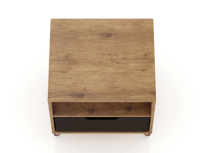 Manhattan Comfort Rockefeller Mid-Century Modern Nightstand with Drawer - Natural & Textured Grey