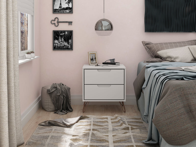 Manhattan Comfort Rockefeller Mid-Century Modern Nightstand with 2 Drawers - White
