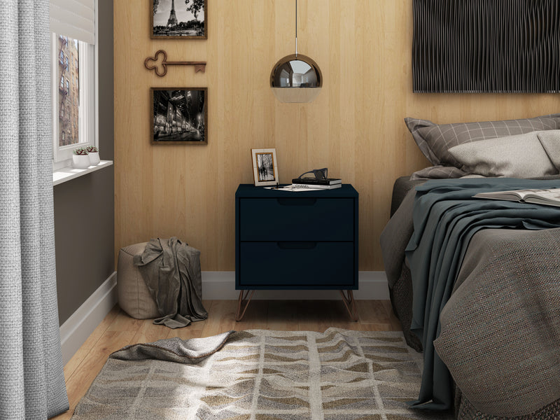 Manhattan Comfort Rockefeller Mid-Century Modern Nightstand with 2-Drawers - Tatiana Midnight Blue
