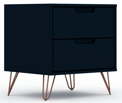 Manhattan Comfort Rockefeller Mid-Century Modern Nightstand with 2-Drawers - Tatiana Midnight Blue|Table de nuit Rockefeller de Manhattan Comfort de style moderne du milieu du 20e siècle avec 2 tiroirs - bleu minuit Tatiana