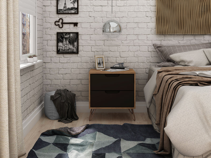 Manhattan Comfort Rockefeller Mid-Century Modern Nightstand with 2 Drawers - Textured Grey