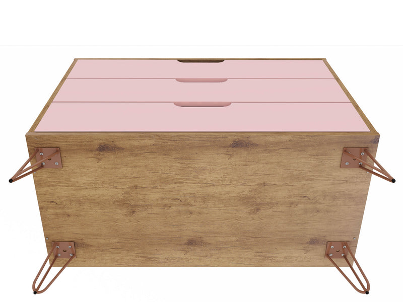 Manhattan Comfort Rockefeller Mid-Century Modern Dresser with 3-Drawers - Natural & Rose Pink