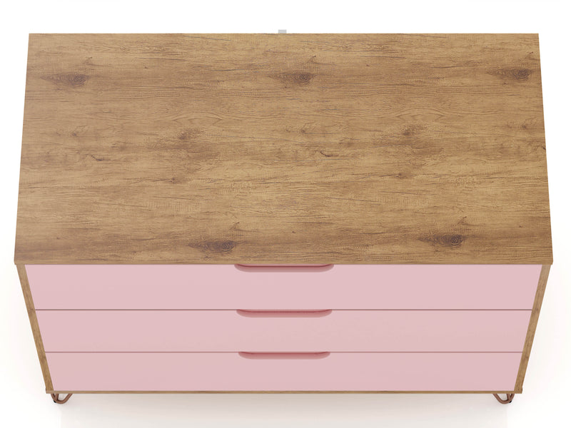 Manhattan Comfort Rockefeller Mid-Century Modern Dresser with 3-Drawers - Natural & Rose Pink