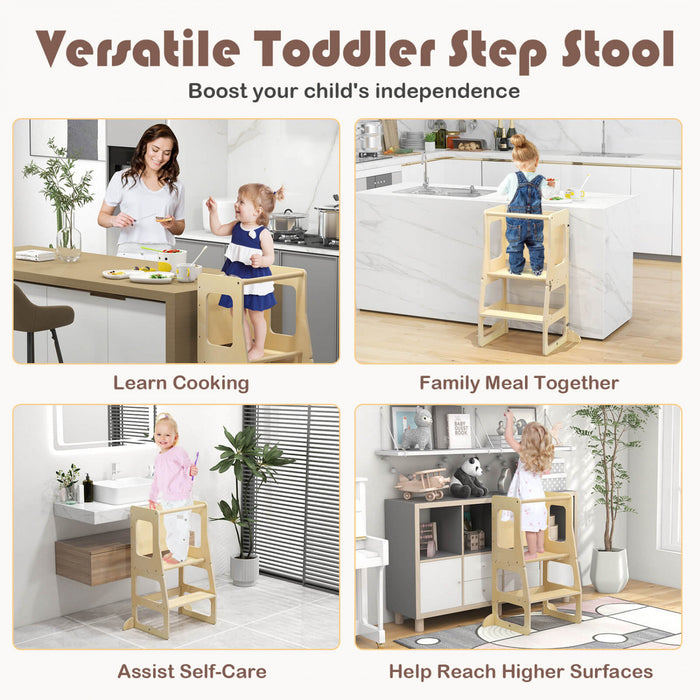 Costway 3-in-1 Foldable Kitchen Standing Tower For Toddlers With Chalkboard Weaning Table Natural