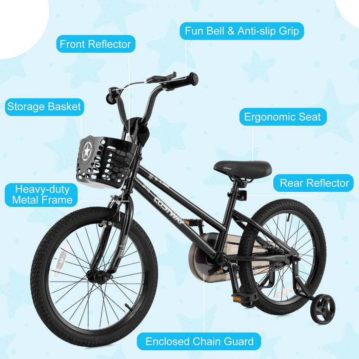 Costway 16\" Kid's Bike With Training Wheels Adjustable Handlebar & Seat Handbrake Black