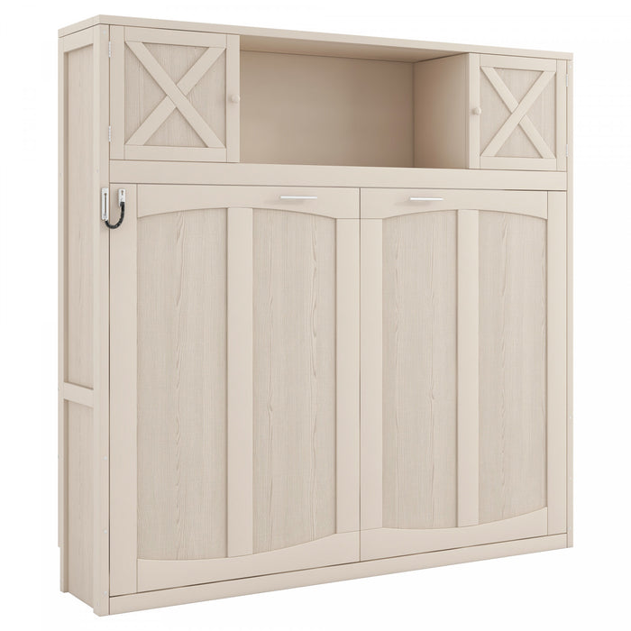 Ethan Solid Wood Murphy Bed with Storage Cabinets,Queen Size,Beige Queen Bed