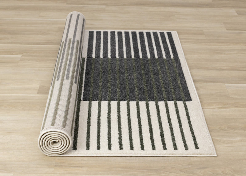 Maverick Green Black White Modern Striped Design Rug, 7'10\" x 10'6\" Indoor Area Rug