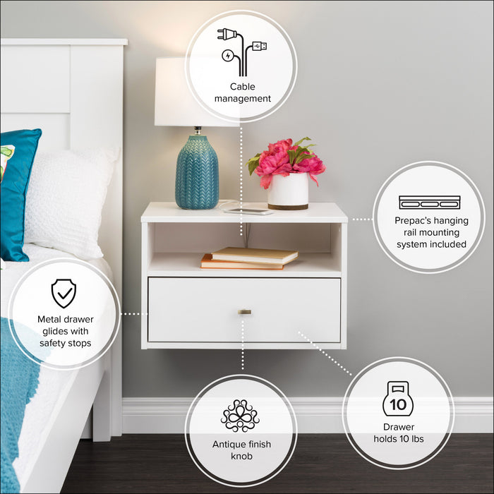 Floating Shelf with Drawer - White