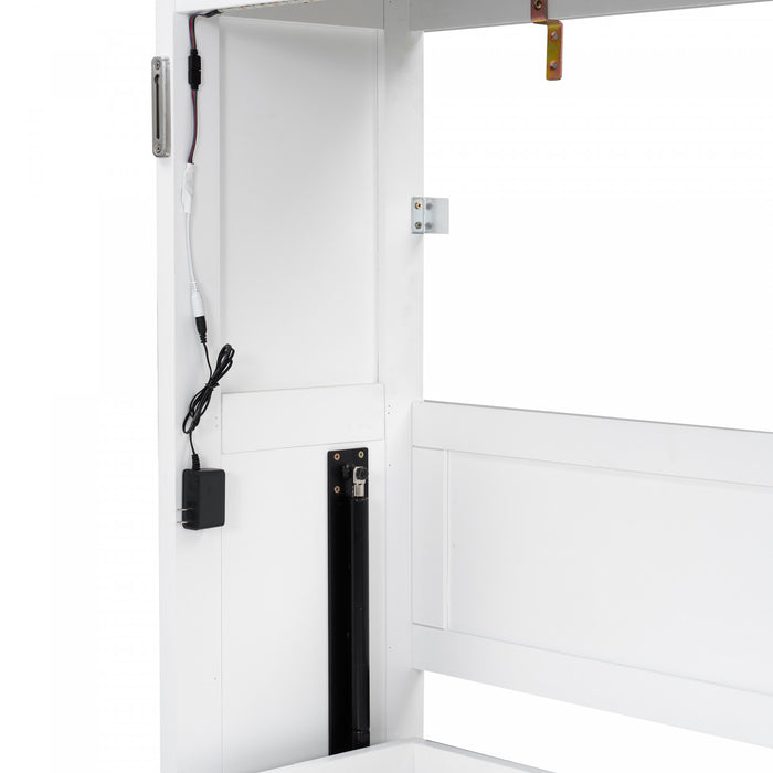 Olivia Solid Wood Murphy Bed with LED Light and Foldable Cabinet,Twin Size,White Twin Bed