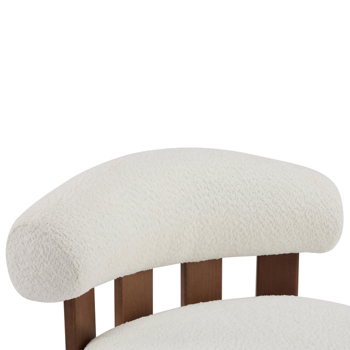 Nube Modern Boucle Accent Chair with Curved Backrest and Four-Leg Design, Off White, Walnut