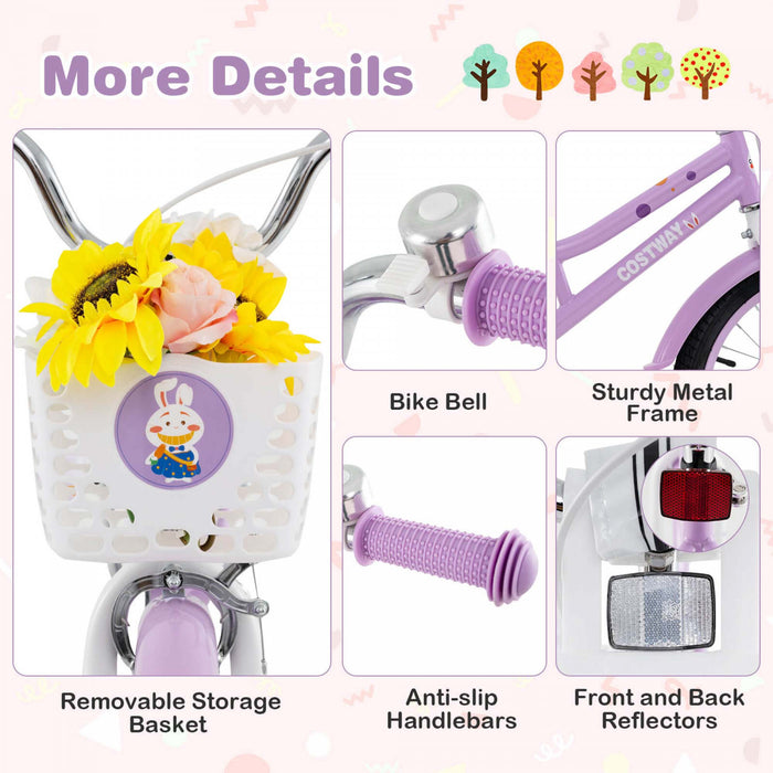 Costway 18\" Girl Bike With Basket Detachable Training Wheels Adjustable Seat Handbrake Coaster Brake Purple