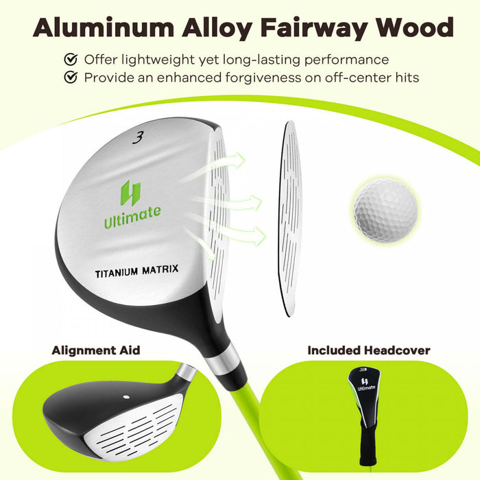 Ultimate Junior Golf Club Set For Children Includes 165cc #3 Fairway Wood & #7 Iron Green