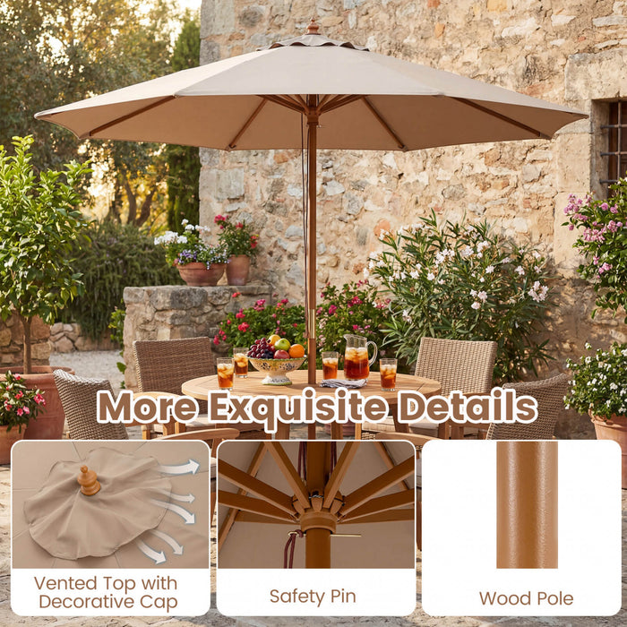 Costway 9 FT Patio Umbrella with Adjustable Height. Rope Pulley Lift. Vented Top for Beach Khaki Tan