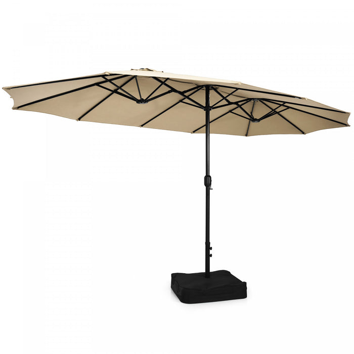 Costway 15FT Double-Sided Twin Patio Umbrella Outdoor Market W/ Crank & Base Beige