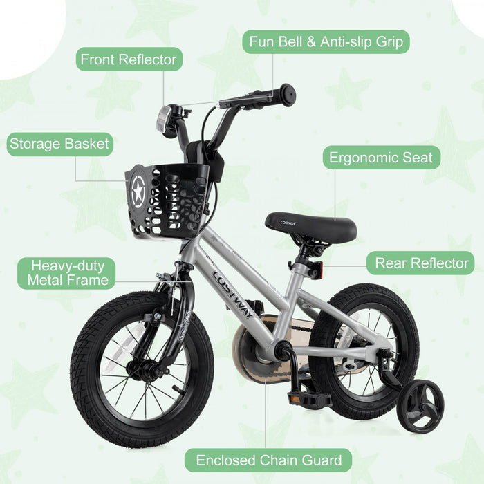 Costway 12\" Kid's Bike With Training Wheels Adjustable Handlebar & Seat Handbrake Silver