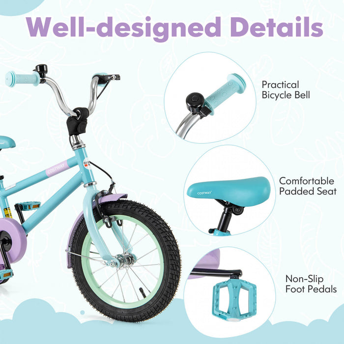 Costway 14\" Kids Bike With Adjustable Saddle Handlebar Removable Training Wheels Handbrake Blue