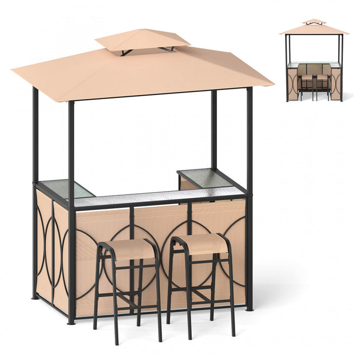 Costway 6.5 X 4 X 8 Ft Grill Gazebo Set With 2 Bar Stools, Tempered Glass Bar Table Brown
