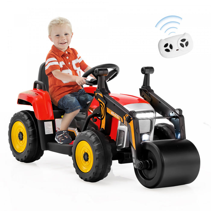 Costway Kids Ride On Road Roller 12v Electric Tractor Remote W/ Music & Led Light Red