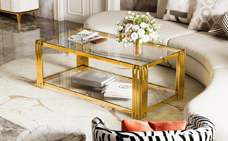 Aria 47.5 Inch Modern Rectangular Coffee Table with Asymmetrical Gold Frame and Glass Top, Transparent