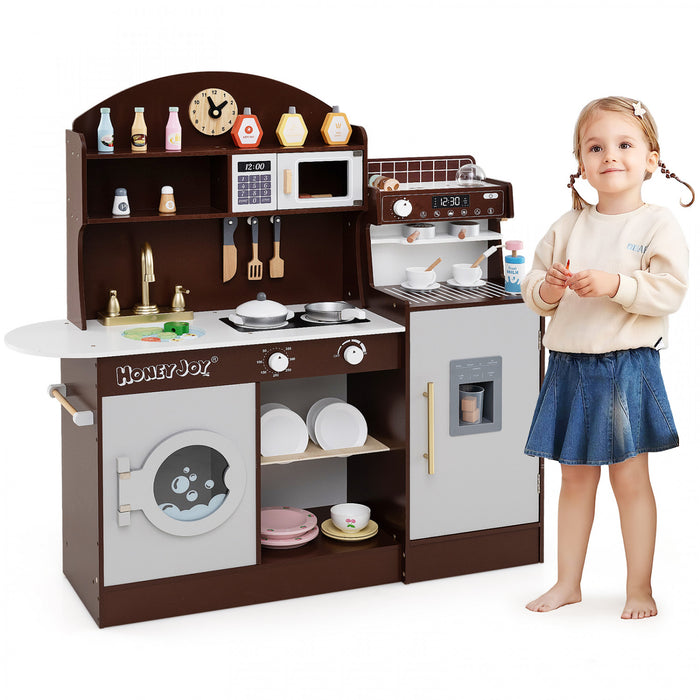 Honeyjoy Kids Kitchen Set Wooden Kitchen Playset With Clock, Microwave, Sink, Dish Rack Brown
