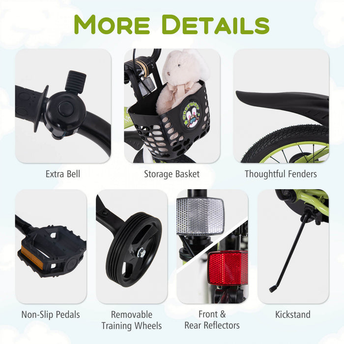 Costway 18\" Kid's Bike For 4-8 With Height-adjustable Handlebar & Saddle Handbrake Green