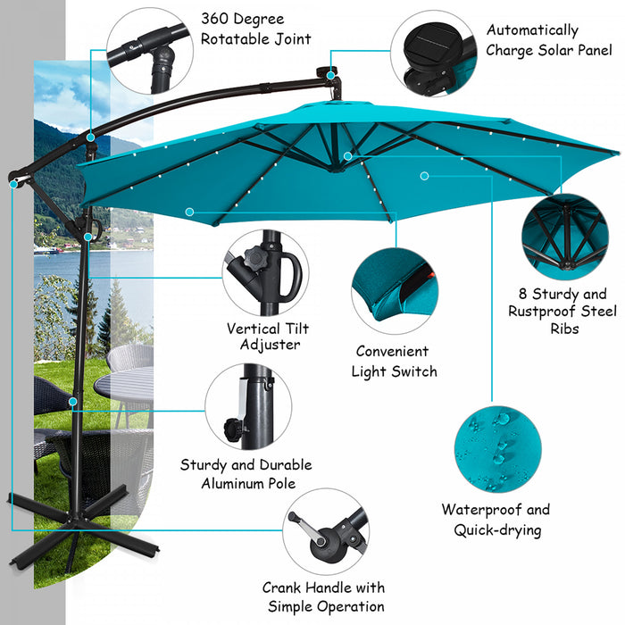 Costway 10FT Patio Offset Umbrella Solar Powered LED 360Degree Rotation Aluminum Turquoise