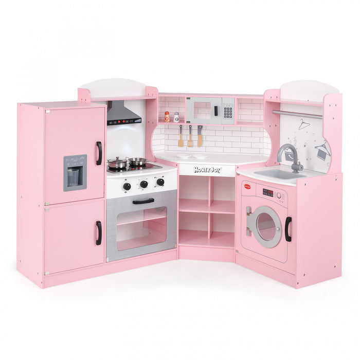 Honeyjou Corner Play Kitchen Toddler Kitchen Playset With Range Hood, Ice Maker, Microwave Pink
