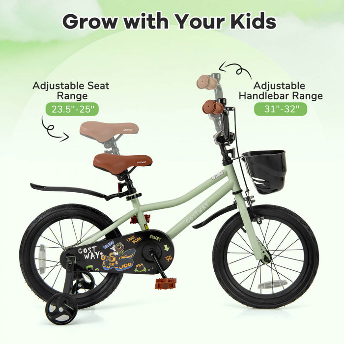 Costway 16\" Kid's Bike With Training Wheels Adjustable Handlebar & Seat Handbrake Green