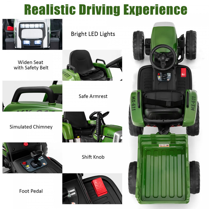 Costway 12v Kids Ride On Tractor With Trailer Ground Loader W/ Rc & Lights Dark Green