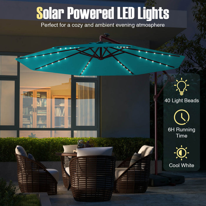 Costway Patio 10FT Hanging Offset Umbrella 32 LED Lights Sand Bag Outdoor Cross Base Turquoise