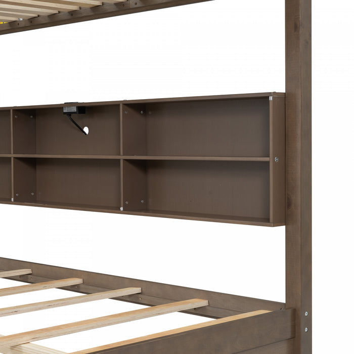 Aaron Wood Bunk Bed With Storage Cabinets And Usb Ports, Queen Size, Antique Wood