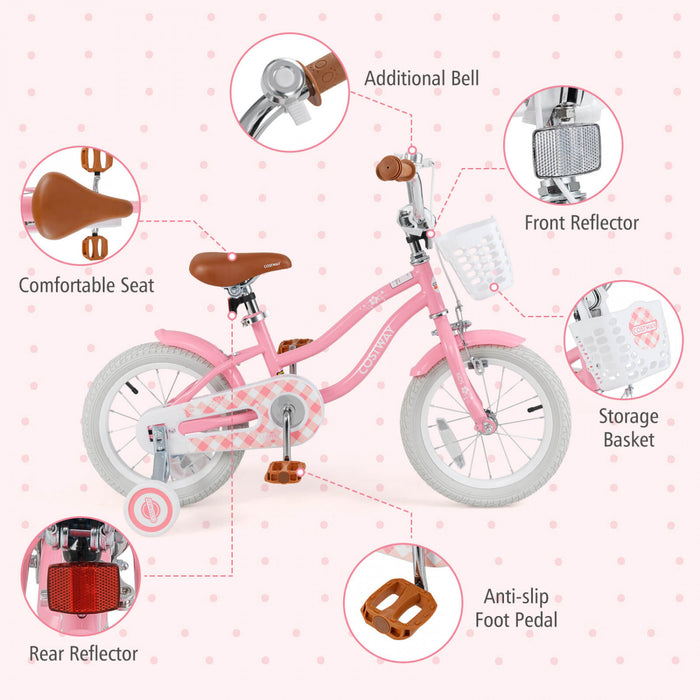 Costway 14\" Kid's Bike With Removable Training Wheels & Basket For 3-5 Years Old Pink