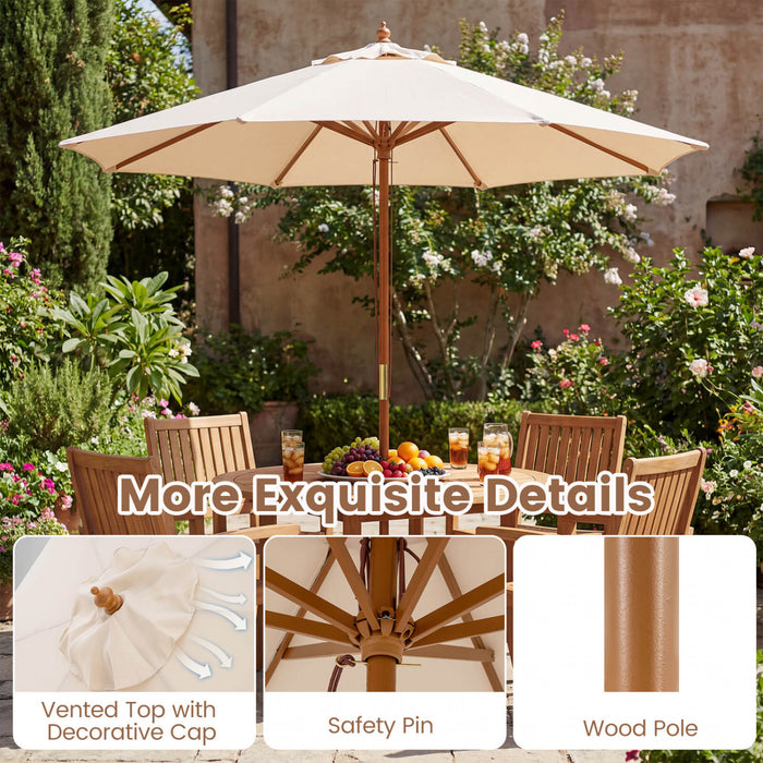 Costway 9 FT Patio Umbrella with Adjustable Height Rope Pulley Lift Vented Top 8 Sturdy Ribs Beige