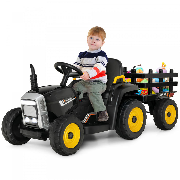 Costway 12v Kids Ride On Tractor With Trailer Ground Loader W/ Rc & Lights Dark Black