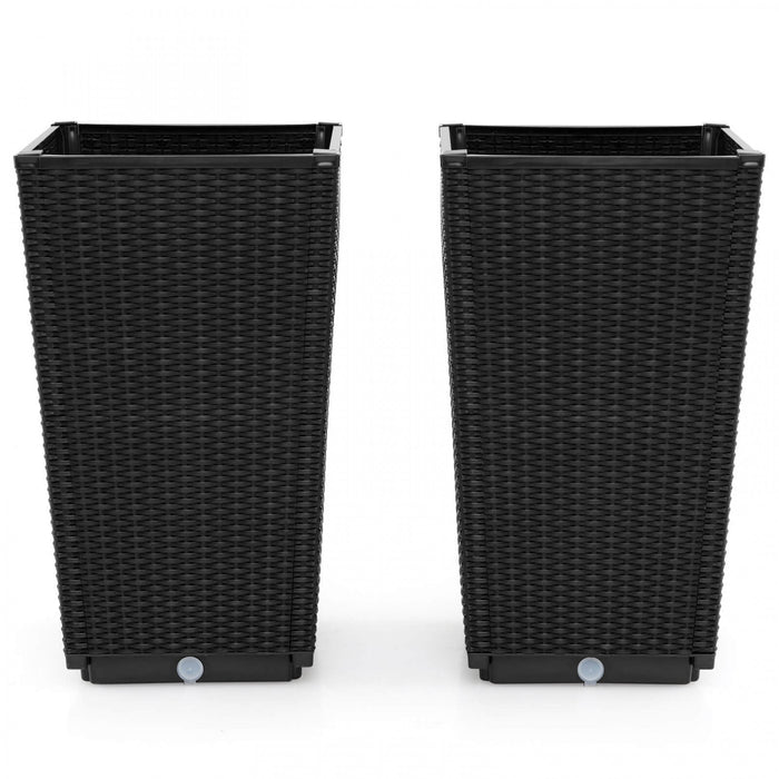Costway 23\" Tall Planters Set Of 2 Rattan Wicker Plant Pot Self-watering Tree Pot Black