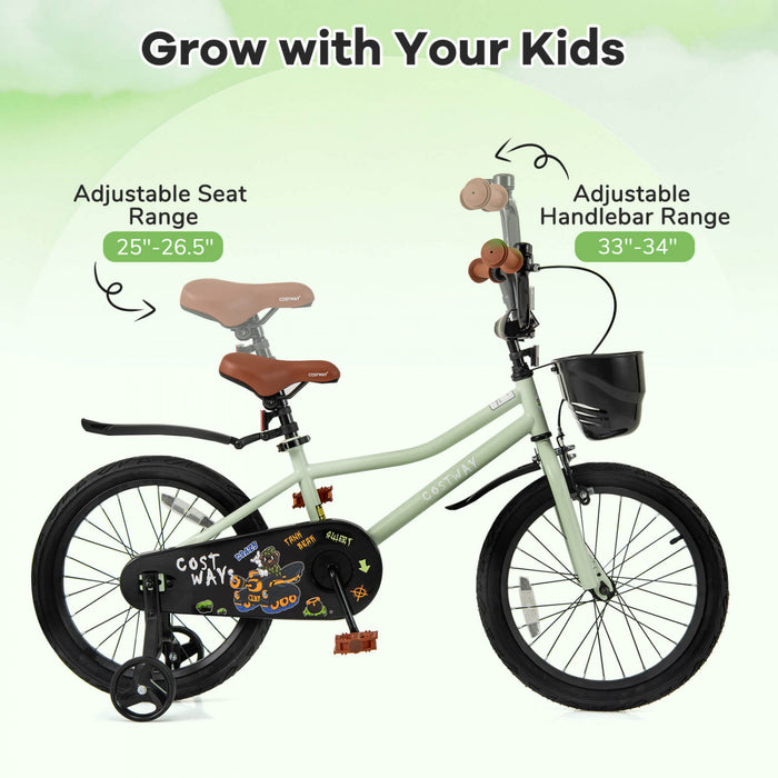 Costway 18\" Kid's Bike With Training Wheels Adjustable Handlebar & Seat Handbrake Green